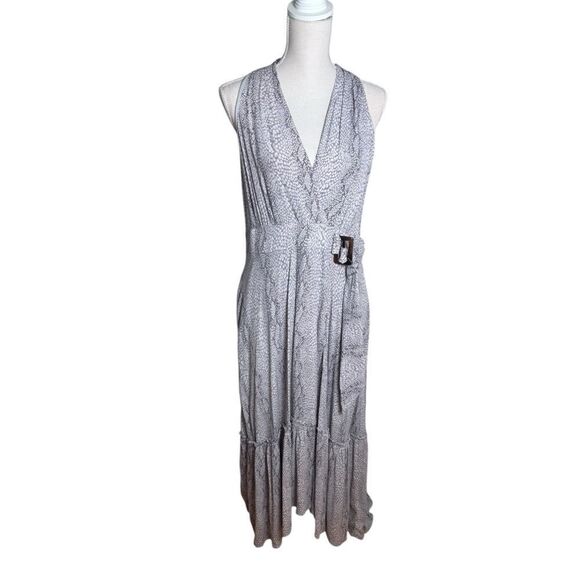 Anthropologie Marfa Grey Snake Print V-neck Belted Faux Wrap Maxi Dress 14 - Picture 2 of 9